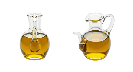 Two elegant glass cruets with different designs filled with golden olive oil and isolated on white.