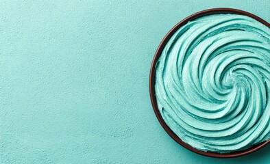 Teal swirl face mask in a bowl on teal background