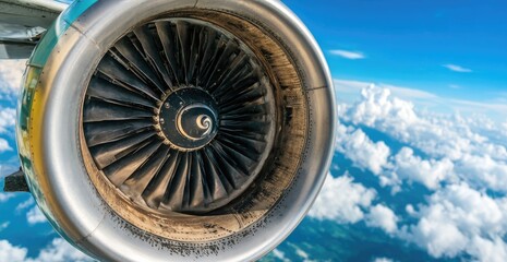 Jet engine of an airplane, with blades and a spiral pattern, against a backdrop of clouds and a landscape