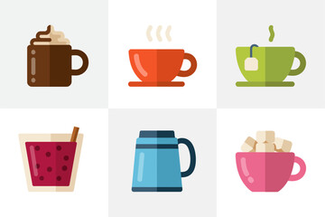 Warm winter beverage vector collection, decorative hot drinks illustrations, coffee, tea, cocoa mugs, seasonal holiday celebration art, festive design inspiration, cheerful graphics