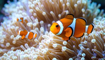 Vibrant clownfish swim amongst the delicate tendrils of an anemone, showcasing the beauty of an underwater world.