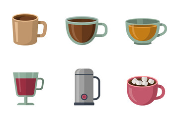 Coffee cup and tea mug vector set, steaming beverage illustrations, cafe icons, cozy drink collection, warm beverage art