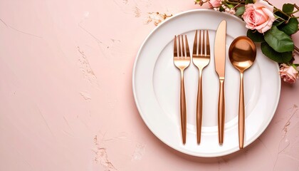 Elegant rose gold cutlery on white plate, pink background