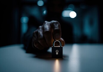 A hand reaching for a small, metallic padlock on a table, dimly lit