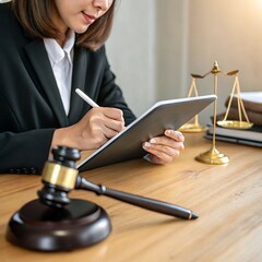 Female legal professional working on a tablet with a gavel and scales of justice on her desk.

