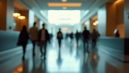 Blurred people walking in motion in modern lobby. 