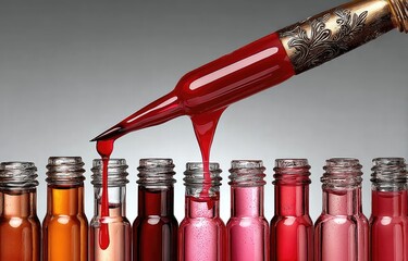 Red nail polish dripping from ornate pen onto small bottles