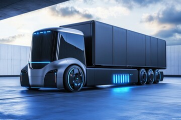 Futuristic electric truck with sleek design on a modern urban backdrop at dusk