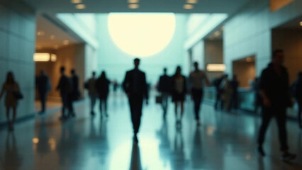 Blurred people walking in motion in modern lobby. 