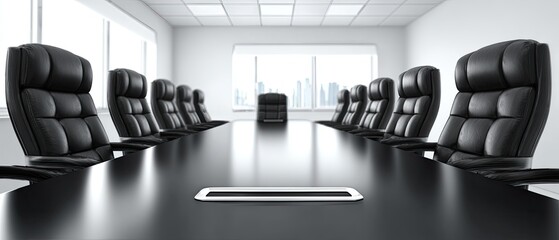 Empty conference room with black leather chairs around a long table