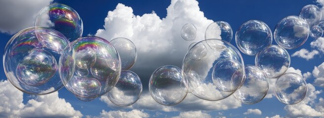 Colorful soap bubbles float against a bright blue sky dotted with puffy white clouds