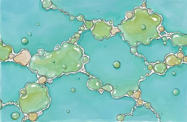Abstract artwork of interconnected, pastel-colored blobs and shapes on a teal background