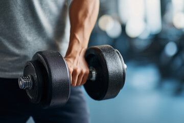A person lifting a heavy dumbbell, showing strength and fitness, the background blurred out