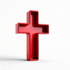Obraz premium Shiny red metal christian cross symbol casting a shadow on a clean white surface