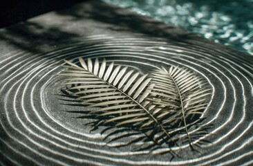 Light-dappled stone surface with palm fronds and concentric circles