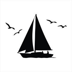 Silhouette of a sailboat with soaring seagulls against a bright sky for maritime adventure