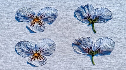 Four pressed pansy petals, light blue/gray with maroon centers, arranged on a light-gray surface