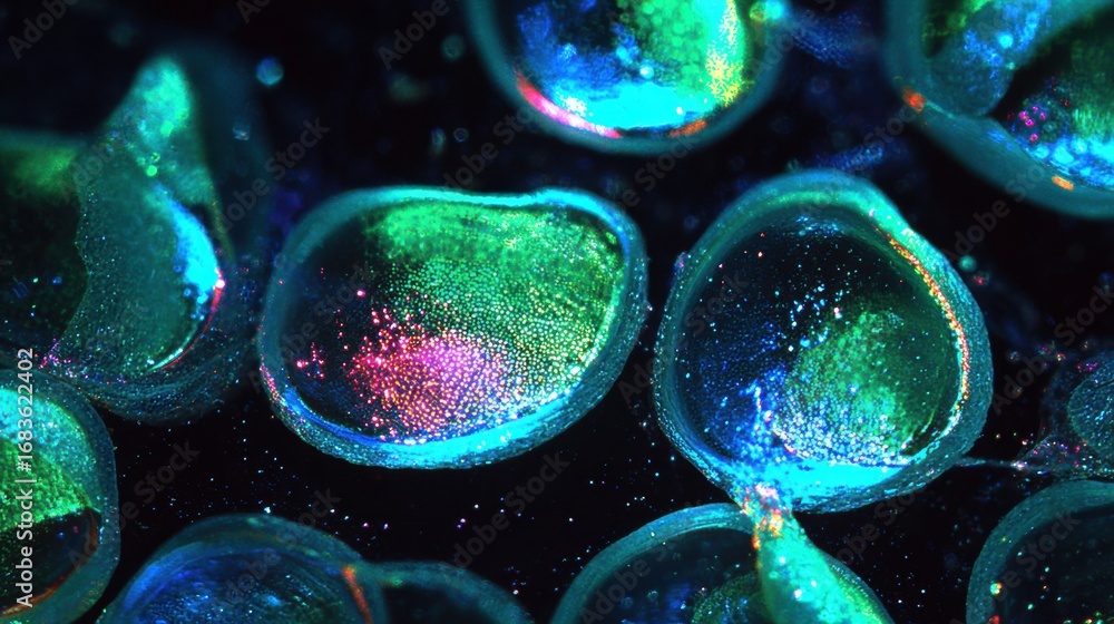 Poster intricate details of water droplets are captured showcasing vibrant colors and reflections in a dark