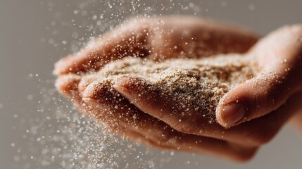 Fototapeta premium Woman gently cupping hands with sand falling, conveying time slipping away