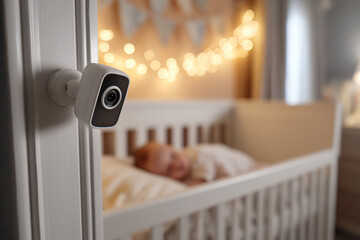 A baby monitor camera is mounted on the wall to monitor a sleeping baby in a crib. Soft lighting and a cozy atmosphere enhance the scene.