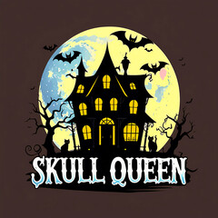 Spooky haunted house with full moon and bats Halloween artwork t-shirt design perfect for horror fans, gothic fashion, and creepy night lovers