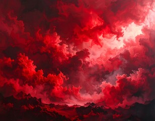 A dramatic vista of a fiery red sky, filled with massive, billowing clouds that seem to cascade over a rugged landscape.
