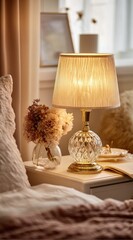 Warm bedroom lamp on bedside table