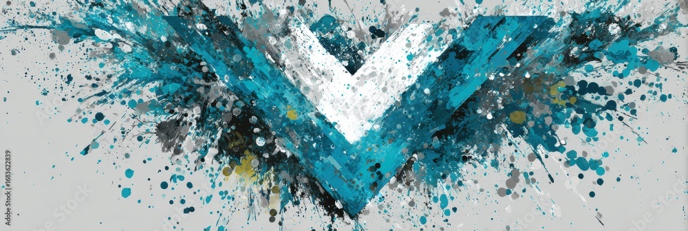 Poster bold blue and white abstract shapes intertwine with colorful splatters on a textured background, cre
