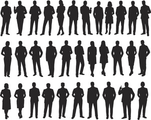 Flat vector illustration of business people silhouettes, diverse professionals standing, formal suits, corporate team, teamwork concept, male and female figures.
