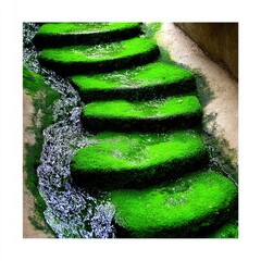 Lush green moss-covered steps leading down a small water channel