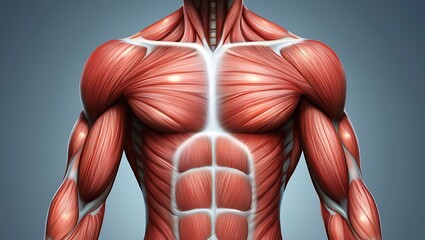 Detailed human torso anatomy musculature muscles chest abdomen shoulders and neck power defined physique