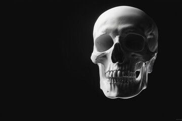Obraz premium A detailed grayscale photograph of a human skull, illuminated dramatically from the side. The stark lighting emphasizes the skull's textures and hollows.