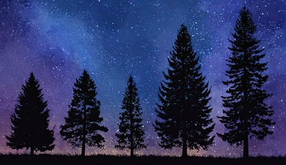 Silhouetted pine trees against a starry night sky (3)