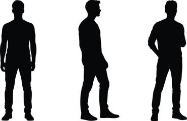 Flat vector illustration of three male silhouettes, standing poses, casual men, modern style, diverse body language, isolated on white background, minimalist design