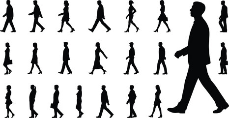 Flat vector illustration of diverse walking people silhouettes, urban pedestrians, business men and women walking, modern city lifestyle, casual and 