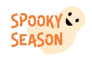 Halloween “Spooky Season” PNG with bold orange letters and happy, flying ghost. Perfect for festive designs, posters, t-shirts, and seasonal decorations. High resolution PNG