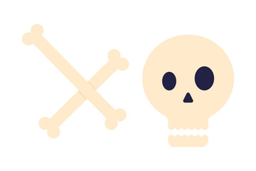 Skull and crossbones illustration, Halloween pirate symbol, spooky death icon, minimalist vector style graphic for October decoration, horror party, trick treat, pirate costume theme.