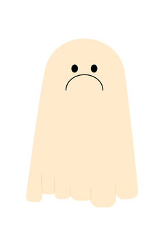 Cute sad, grumpy ghost illustration, Halloween character design, spooky cartoon mascot, Perfect for festive designs, posters for October, trick treat, holiday decoration. High resolution PNG