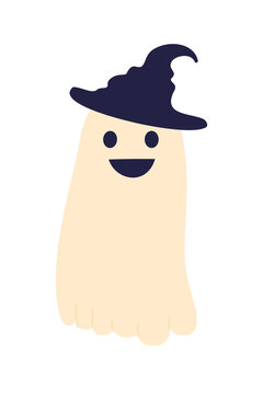 Happy smiling ghost in witch hat illustration, Halloween character design, spooky cartoon mascot. Perfect for festive designs, posters for October, trick treat, holiday decoration. High resolution PNG