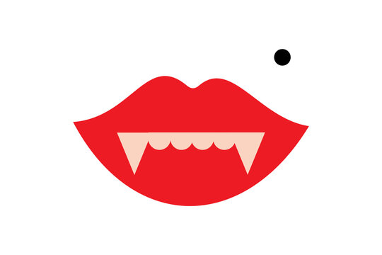 Vector illustration of red vampire lips with sharp fangs and face mole. Gothic mouth design, Halloween horror icon, spooky October symbol, party and supernatural theme. High resolution PNG