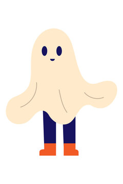 Cute Halloween ghost character PNG with smiling face, wearing blue pants and orange boots. Fun spooky design for kids&rsquo; decor, party, stickers, post, and seasonal crafts. High resolution PNG