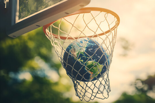 Globe in basketball hoop symbolizing global sports and connectivity