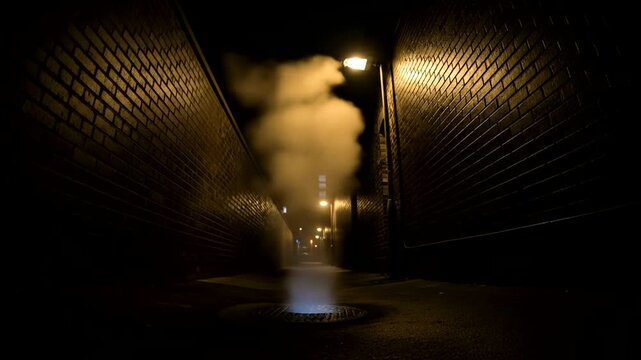 A narrow alleyway at night, filled with steam rising from a manhole cover, casts long shadows against the brick walls.
