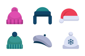 Festive seasonal hat vector collection, cozy knitted headwear illustrations, colorful pom pom caps, decorative holiday clothing designs, warm winter fashion accessories, cheerful art