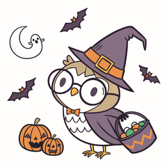 Delightful Mischievous Owl in a Halloween scene with wearing glasses – Spooky Fun vector illustration