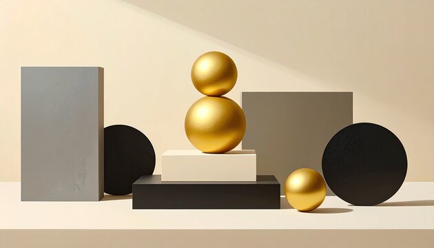 Abstract geometric composition featuring golden spheres atop stacked neutral blocks - Powered by Adobe