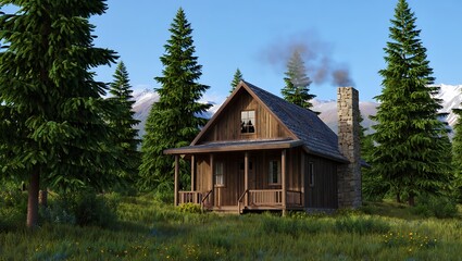 Rustic log cabin nestled amongst tall pine trees in a serene forest clearing under a clear blue sky