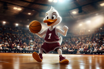 Cheerful cartoon white duck playing basketball in a packed arena