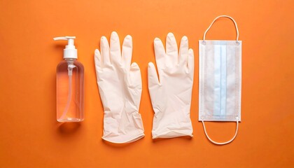 A flat lay design showcasing protective equipment for personal safety, including gloves, a face mask, and hand sanitizer.