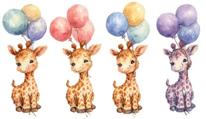 Cute giraffes with pastel balloons